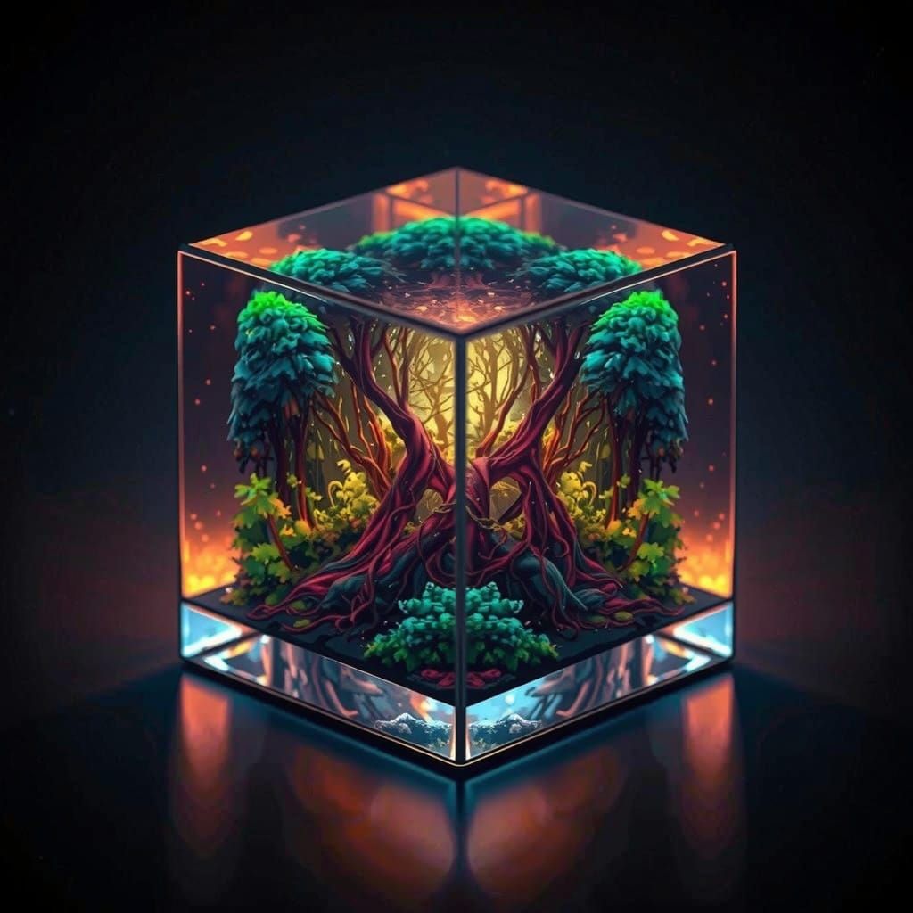 Vibrant Glass Cube Contains Miniature Dreamlike Forest in Ex...