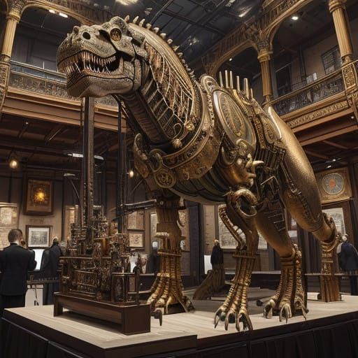 Majestic Steampunk Museum with Steam-Powered T-Rex