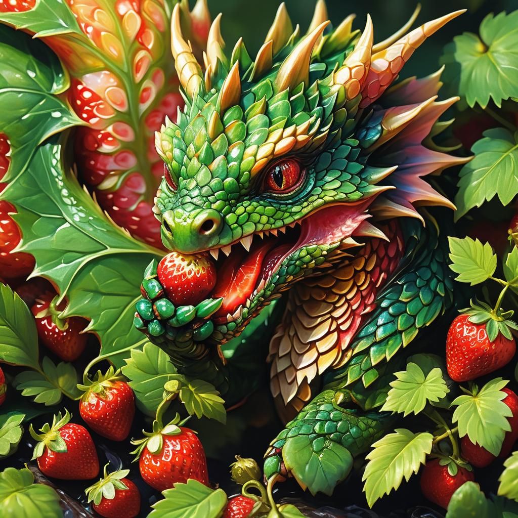 Teeny Dragon's Strawberry Feast: Oil Painting Style