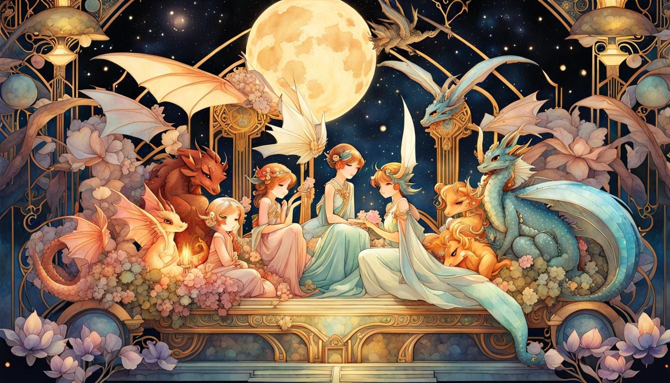 Art Deco Chibi Dragons in a Storybook Scene