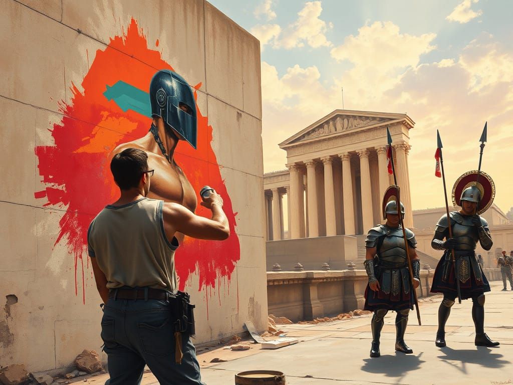 Cyborg Roman Leader in Ancient Mural