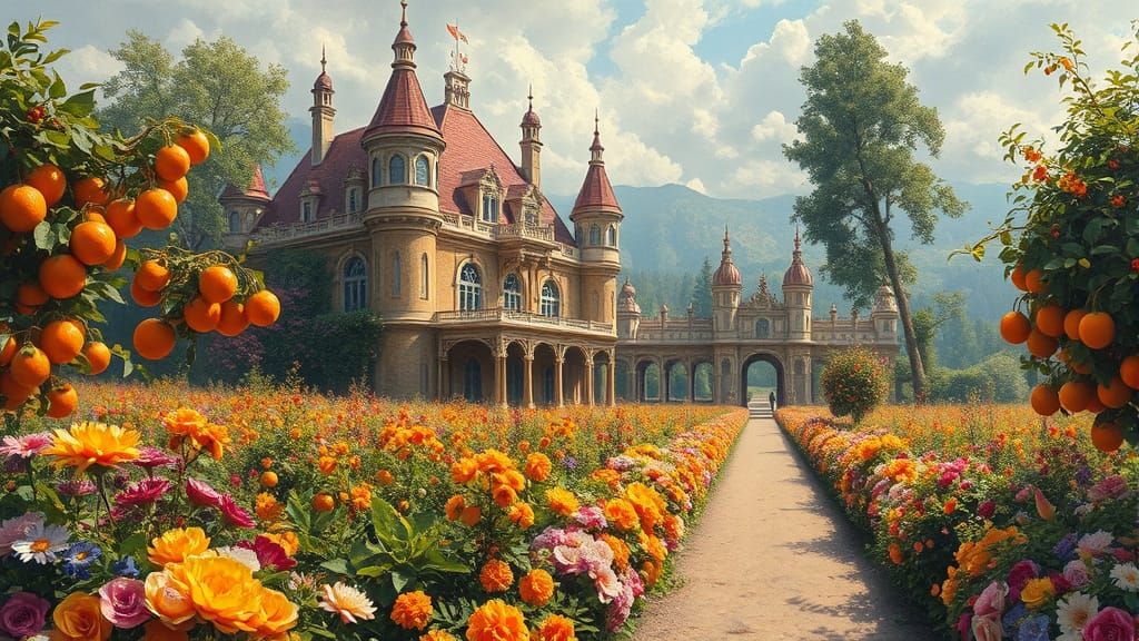 Luxury Chateau and Orange Farm in Oil Painting Style