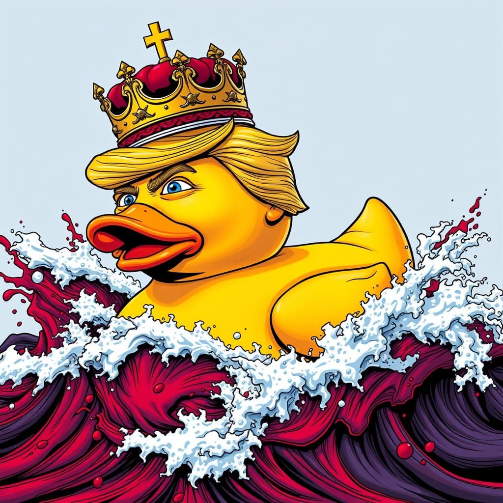 Regal Rubber Duck Charging Through Crimson Waves in Graphic ...