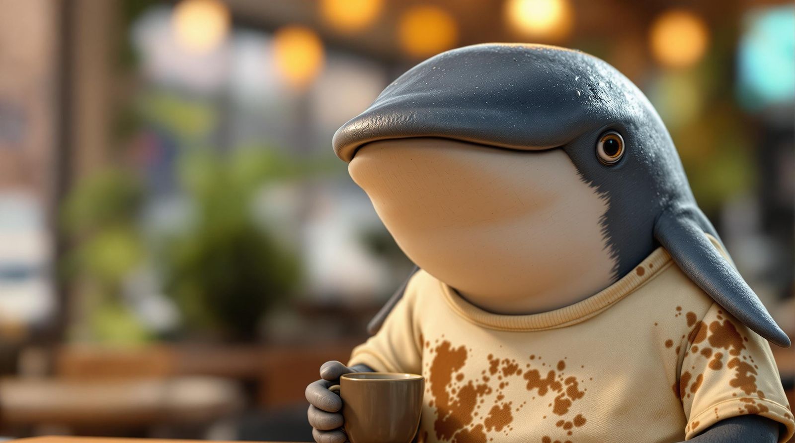 Whimsical CGI Whale with Coffee Mug and Stain