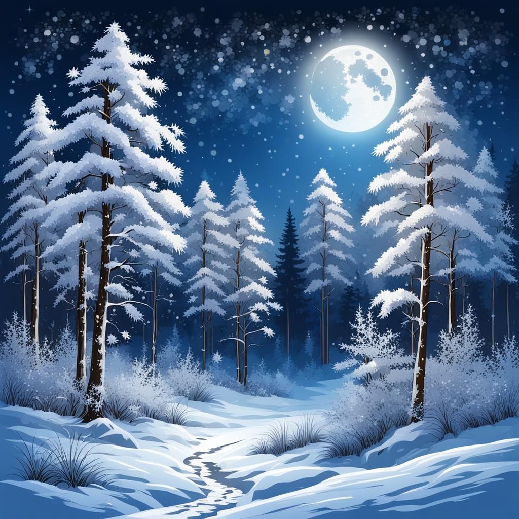Moonlit Winter Forest Scene with Sparkling Snow