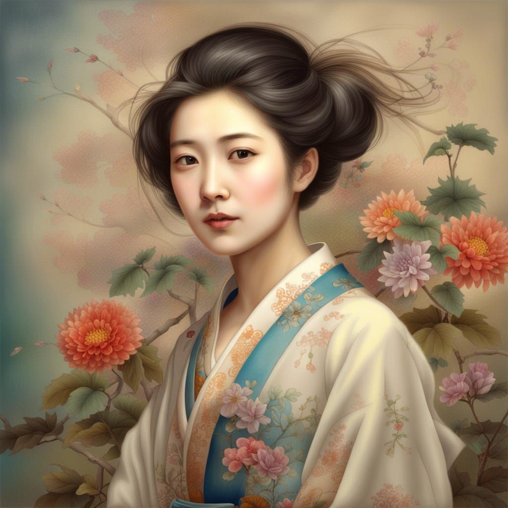 Beautiful Japanese Woman Portrait with Flowers