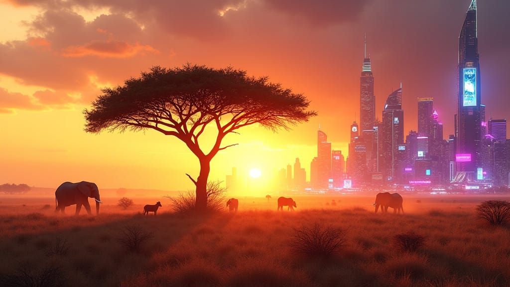 Double Exposure Harmony: Cyberpunk Meets Golden Hour