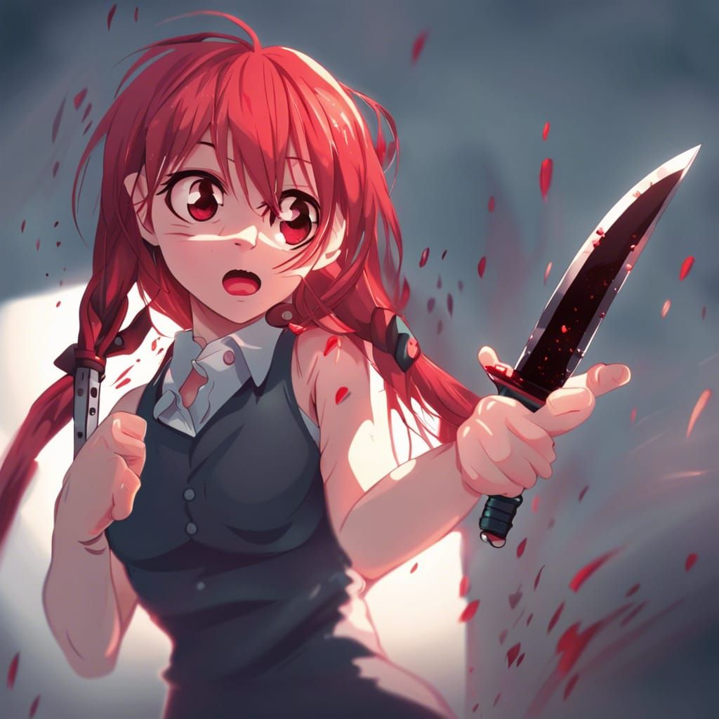 Psycho Red-Haired Girl with Knife: Anime Style