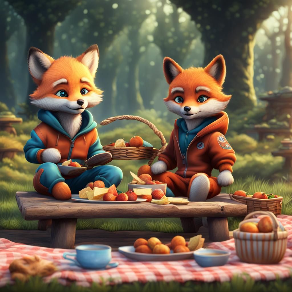 Wolf and Fox Cubs Picnic: Detailed Fantasy Art