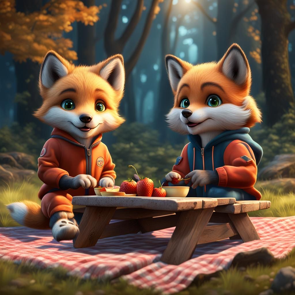 Wolf and Fox Cubs Picnic: Detailed Matte Painting