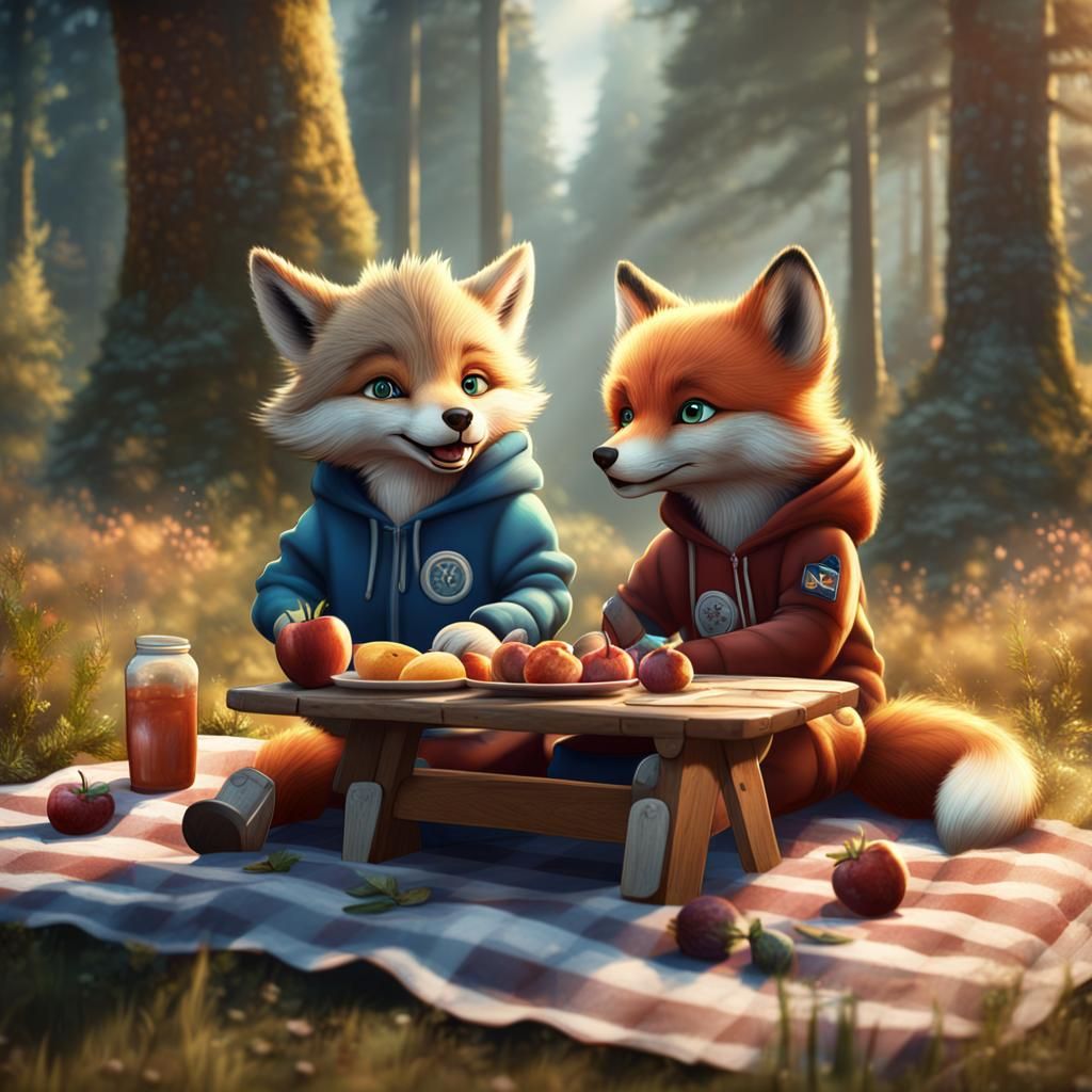 Wolf Cub and Fox Cub Picnic: Detailed Matte Painting