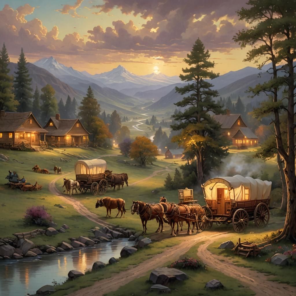 Wagon Train on Oregon Trail in Kinkade Style