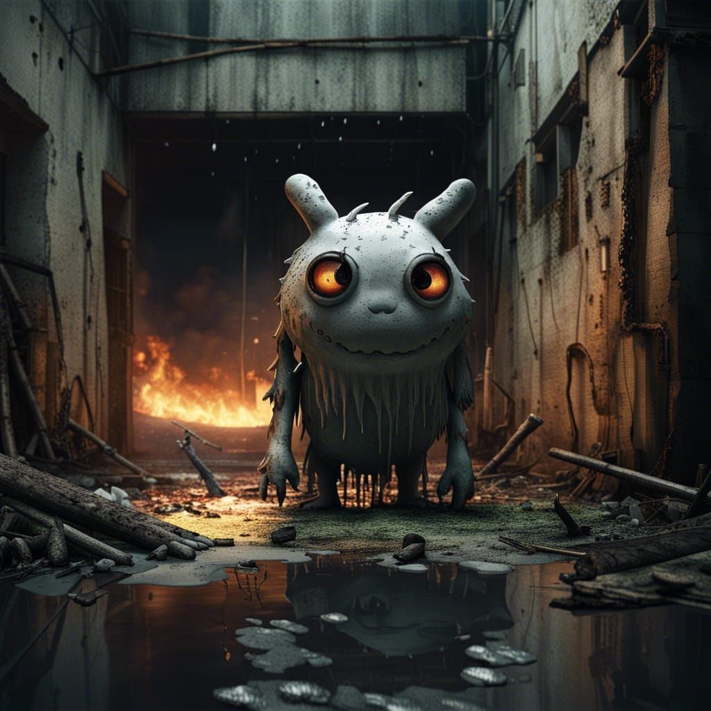 Captivating Creature in Anime Style: Eerie Urban Ambiance