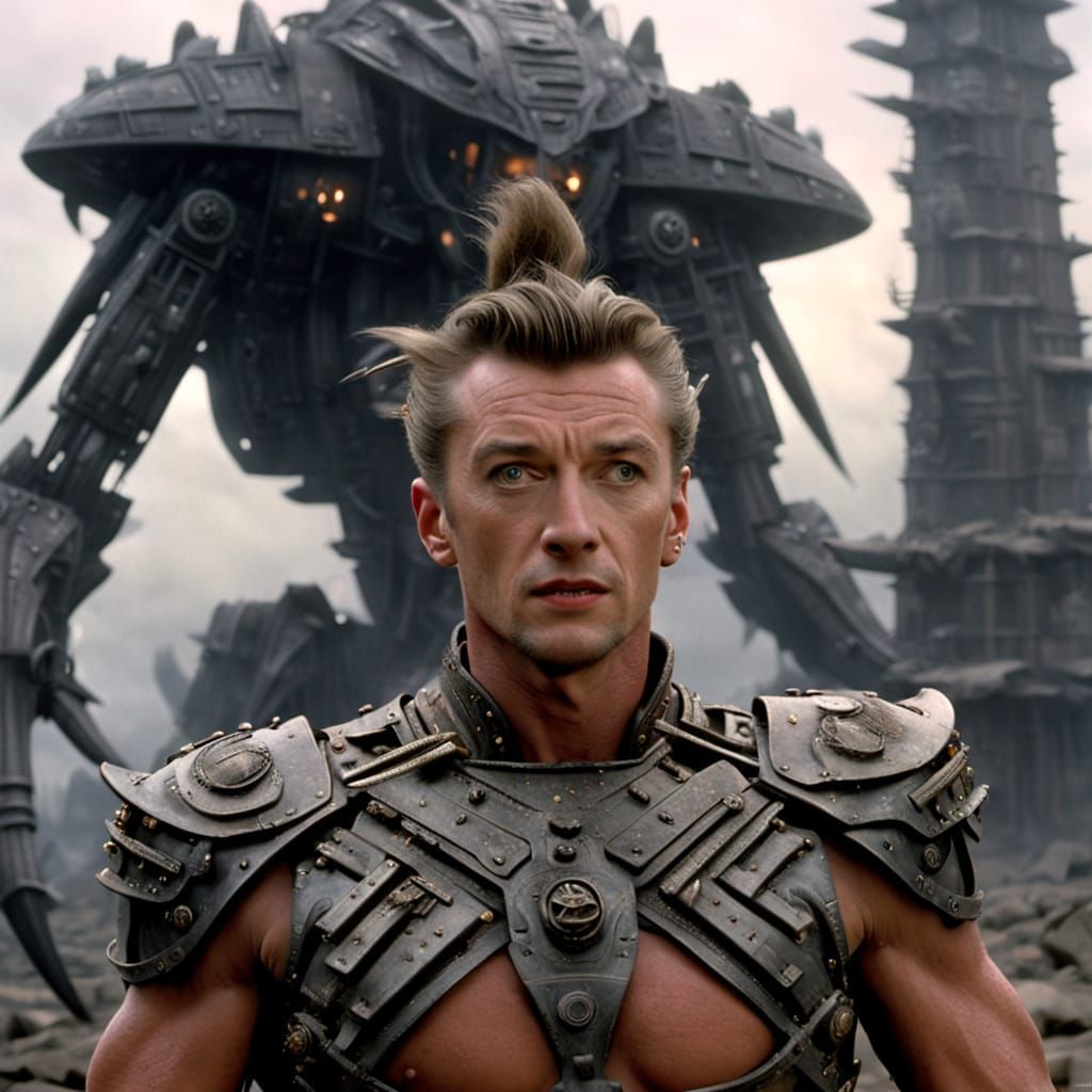 Pompadour, V-scar embedding the face, 30-year-old Veronica Cartwright as a gigeresque male masculine scorpion king crash...