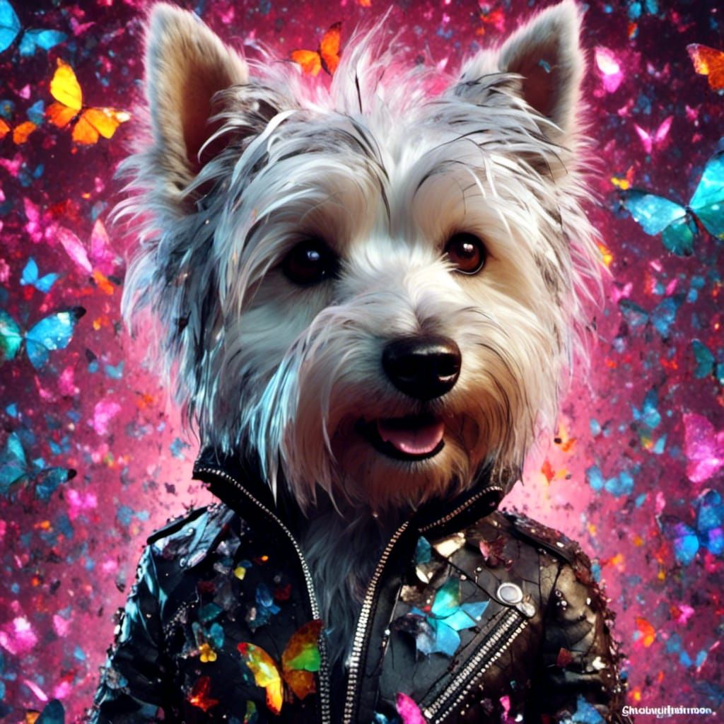 West Highland Terrier in Black Leather Jacket with Silver St...
