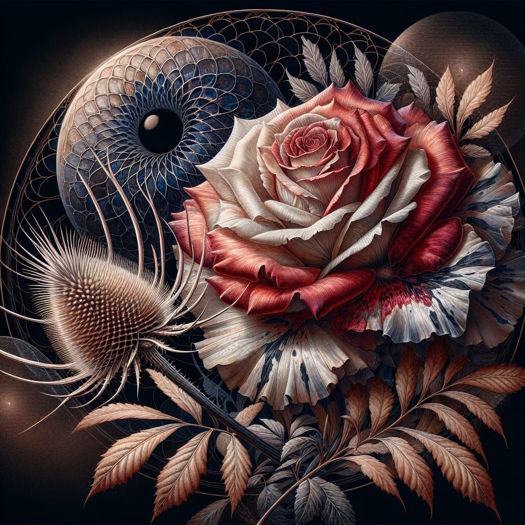 Mystical Rose with Thistle in Botanical Line Art