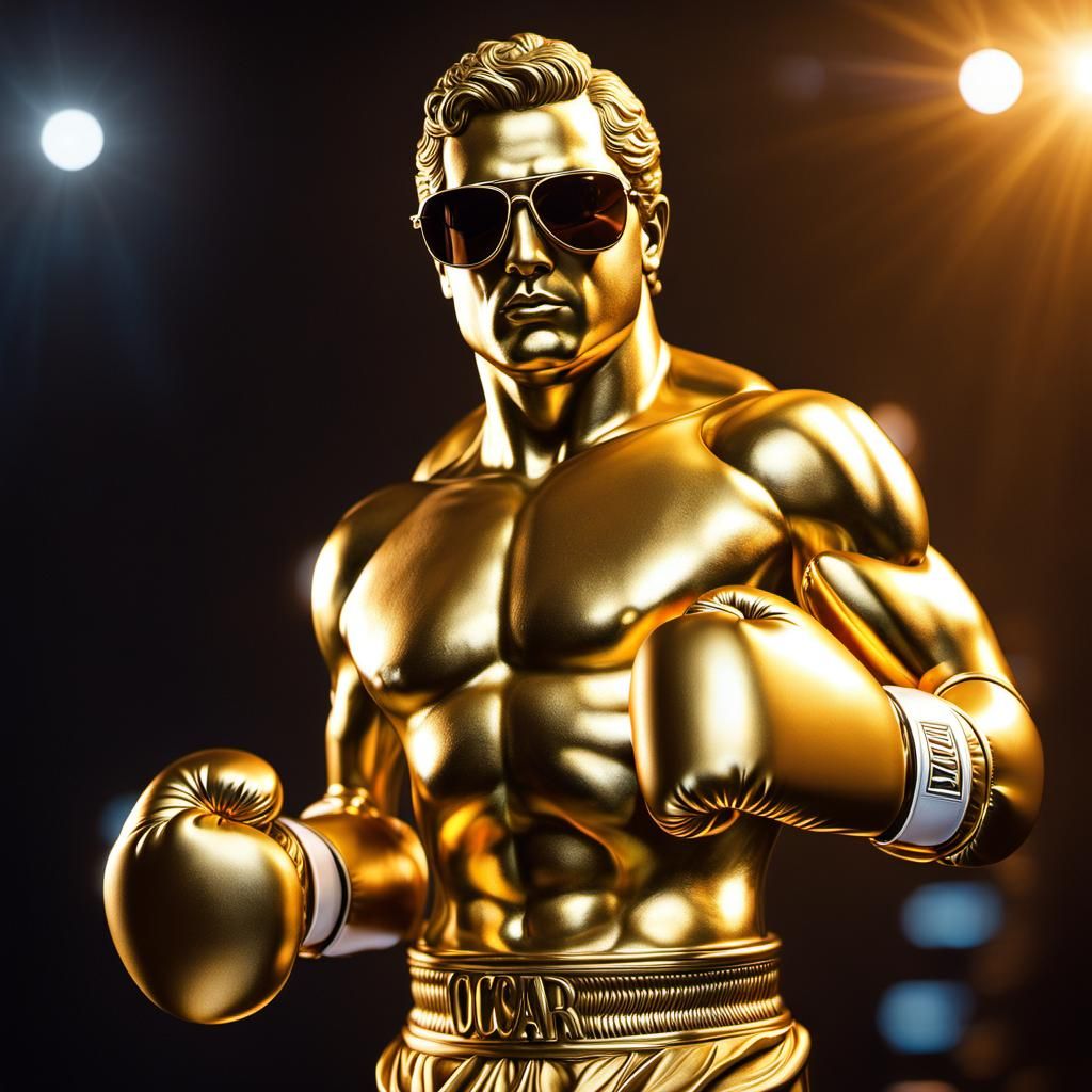 Golden Oscar Statue as Boxer in Hyperrealistic Style