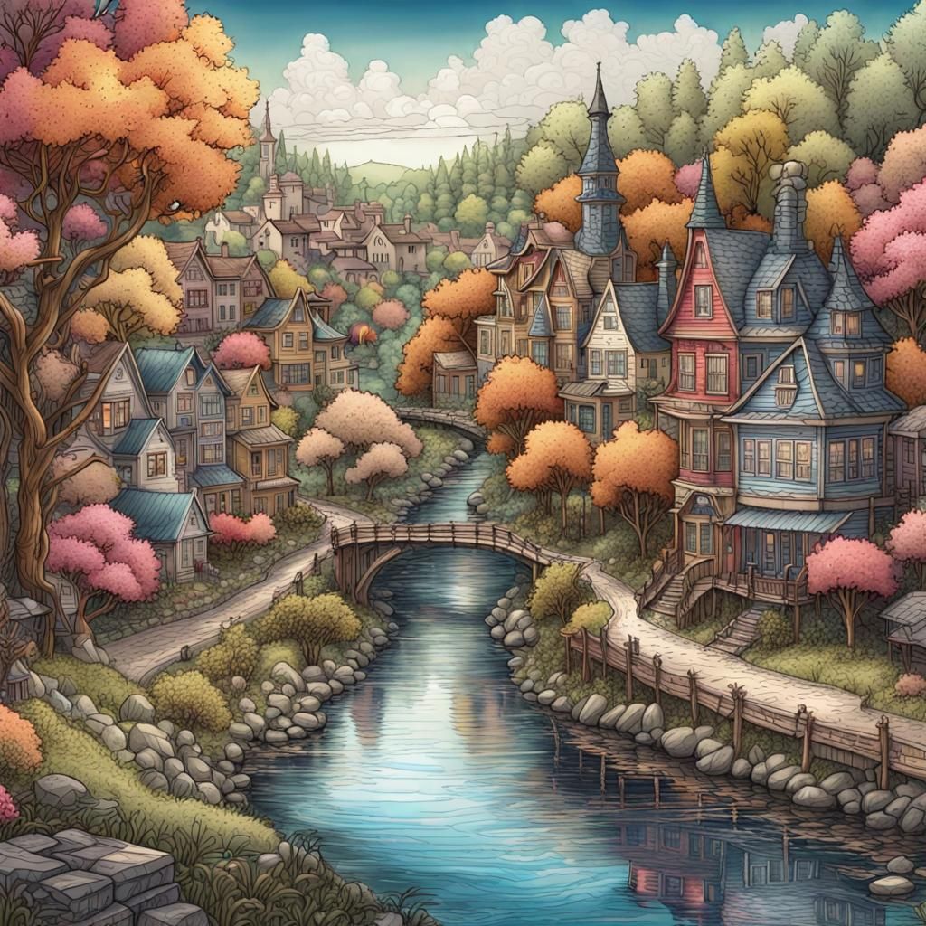 Whimsical Town Illustration in Comic Book Style