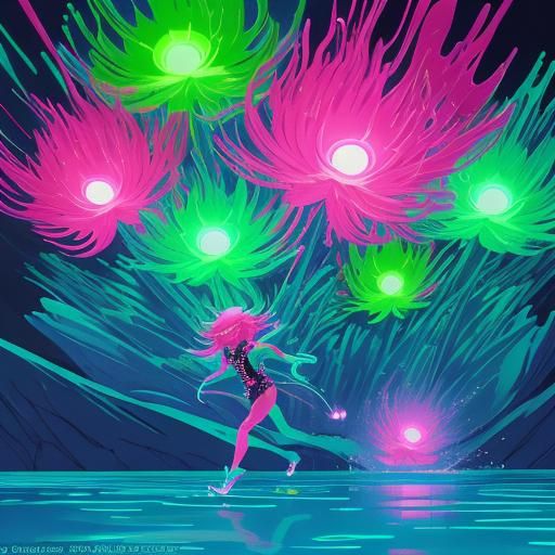 Neon Anime Woman Running from Monsters in Bathing Water