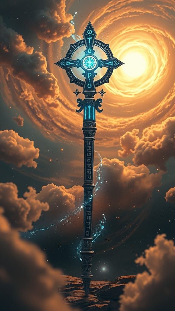 Divine Cosmic Staff Radiating Ethereal Energy in Sci-Fi Hues