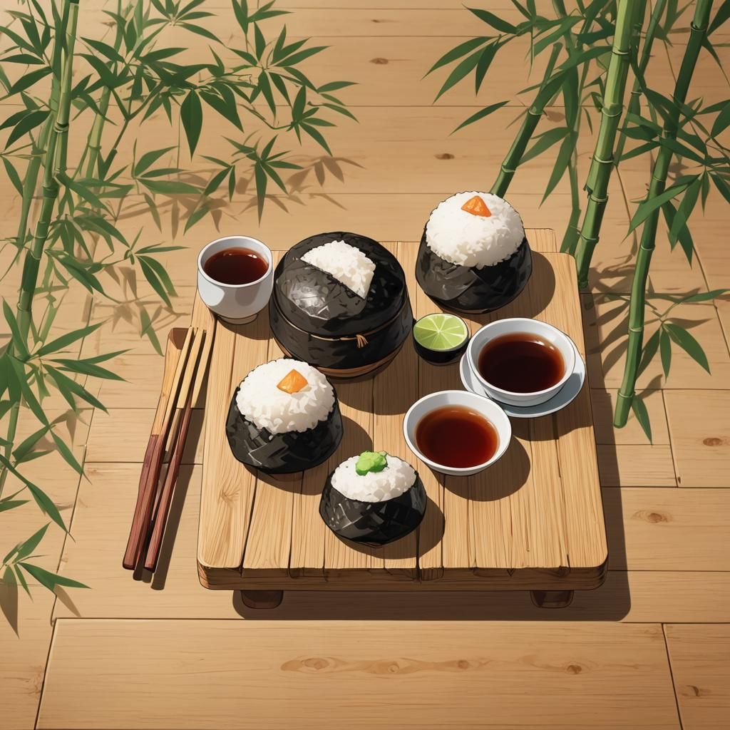 Onigiri and Tea in Anime Drawing Style