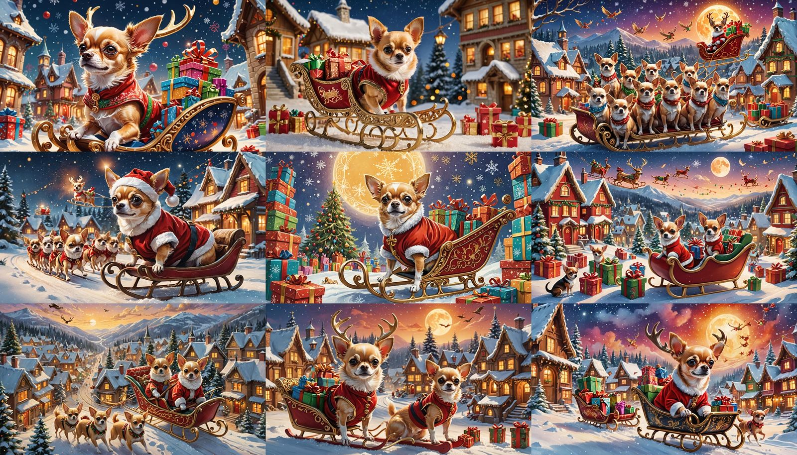 Chihuahua Santa on Flying Sleigh Over Village