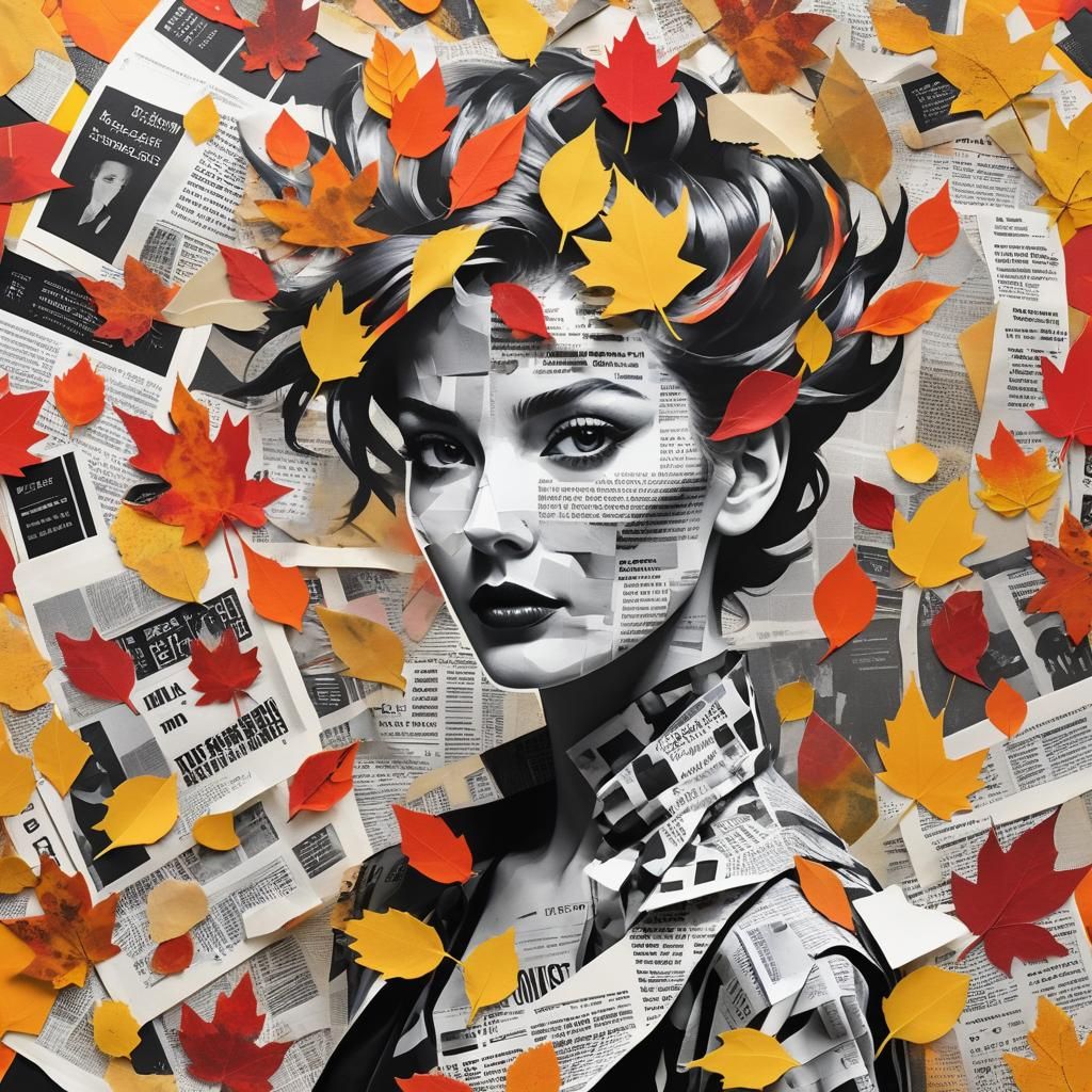 Dadaist Photogram Collage with Autumn Leaves and Newspaper