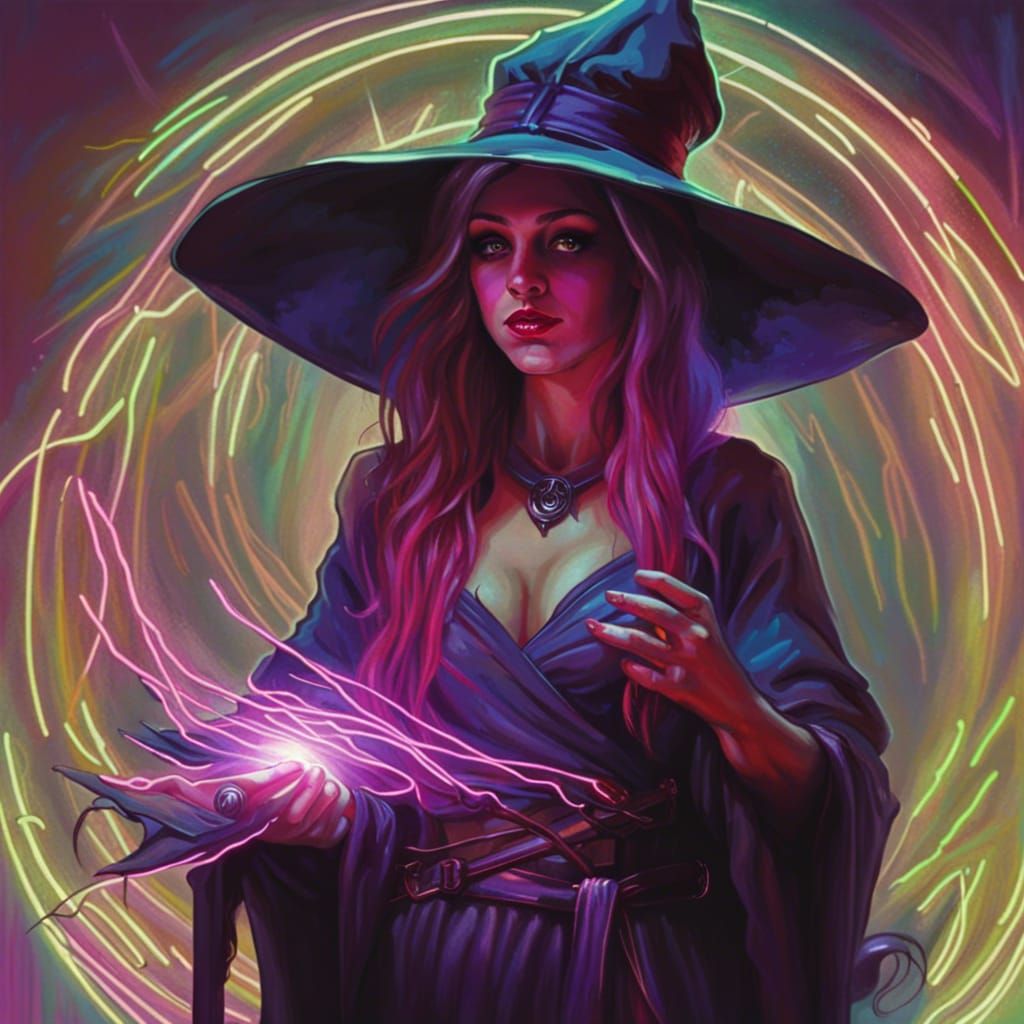 Whimsical Sorceress Weaving Spells in Synthwave Neon Style