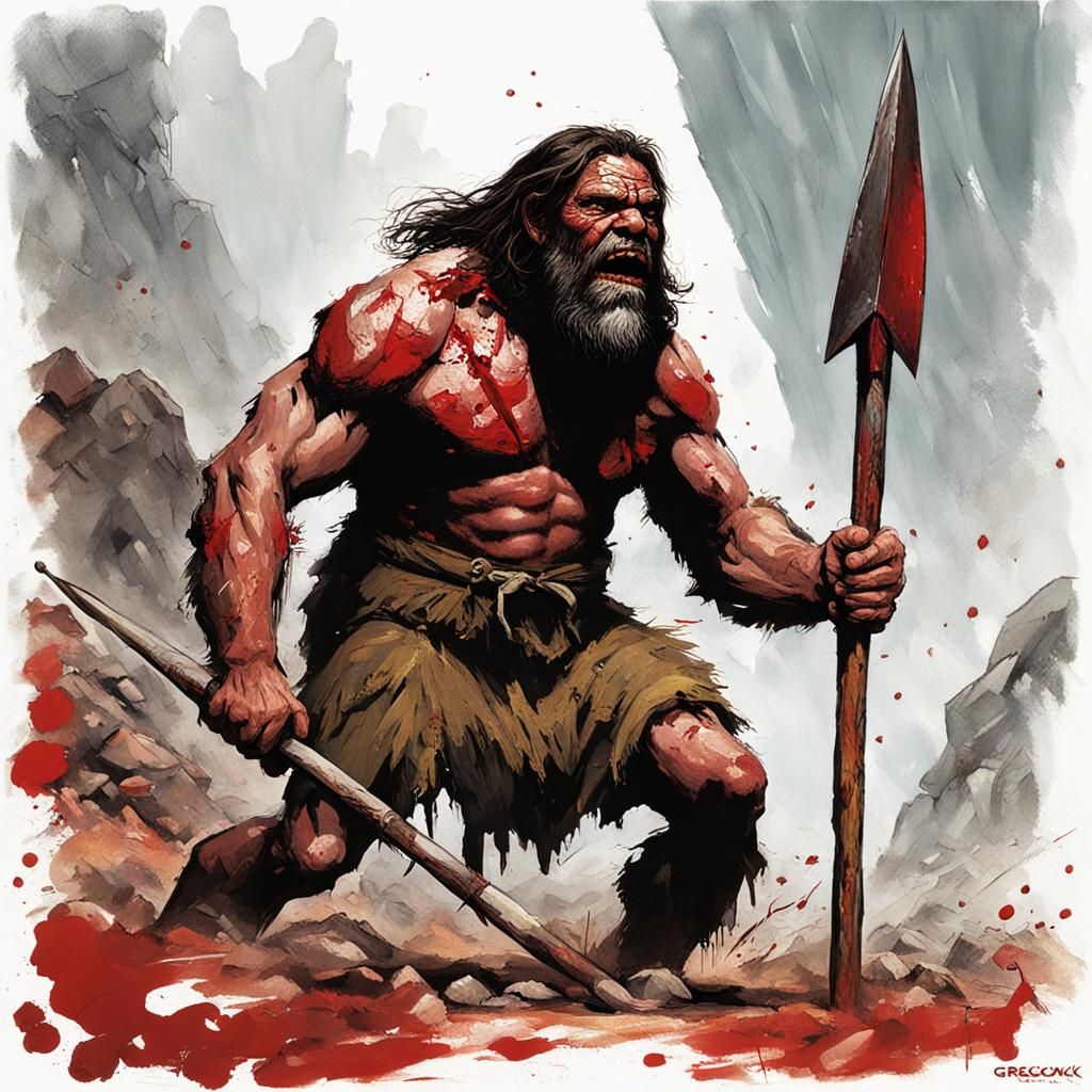 Bloody Caveman Hunter with Spear