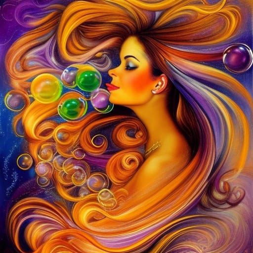 Woman Surrounded by Bubbles in Oil Painting Style