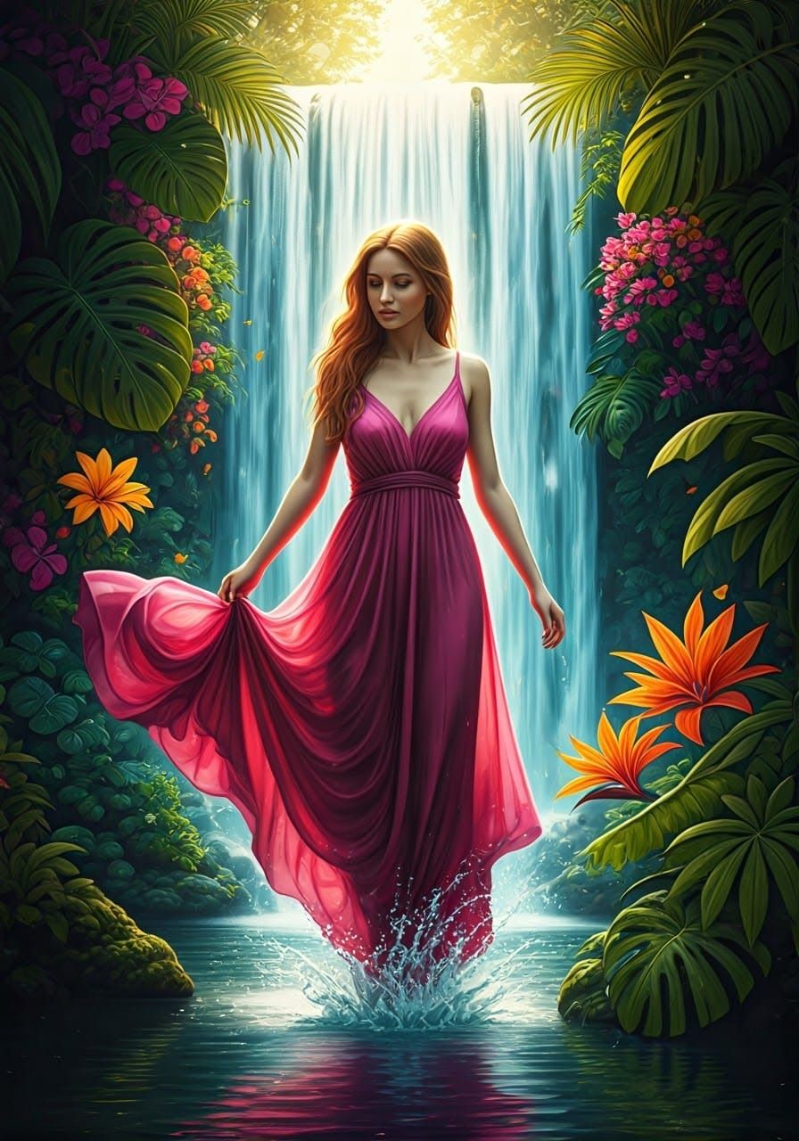 Woman at Waterfall in Art Nouveau Pencil Sketch