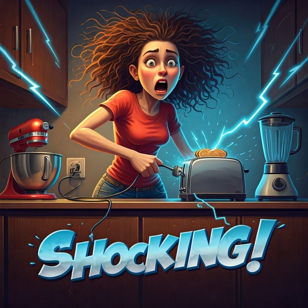 AT THE BOTTOM OF THE CANVAS, text that says "Shocking!" in a bold, jagged, chaotic font, resembling lightning bolts, in ...