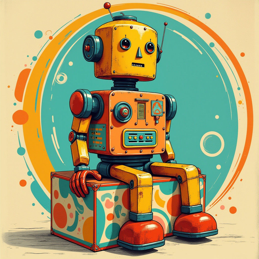 Retro Robot Toy on Geometric Packaging Box