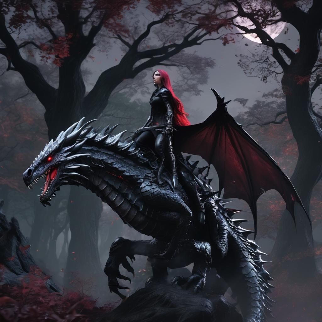 Gothic Vampire and Girl on Dragon in Enchanted Forest