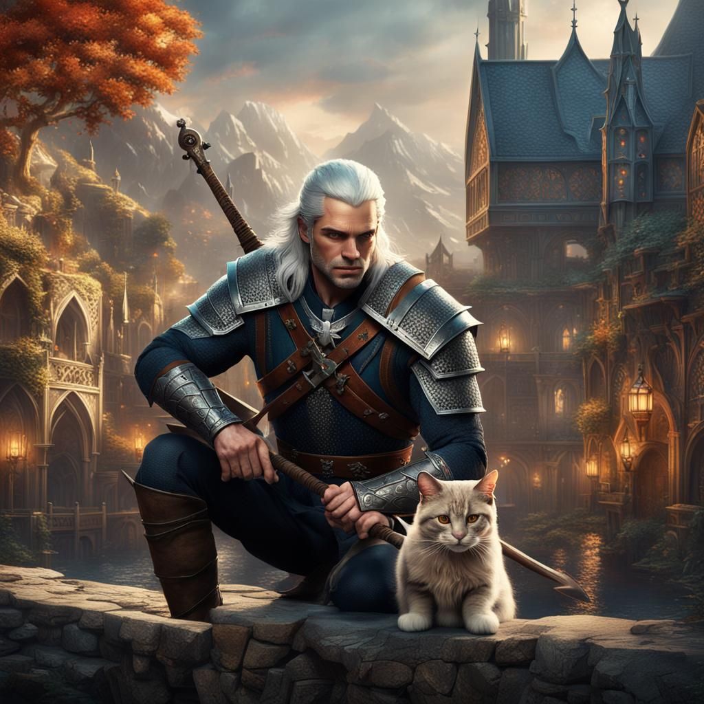 Geralt of Rivia and Armored Cat Anthro in Cityscape