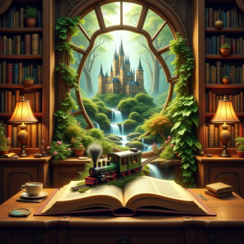 Miniature Train Waterfall Scene in Open Book