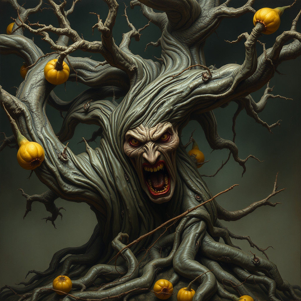 Grotesque Yuzu Tree Consuming Man: Biomechanical Surrealism