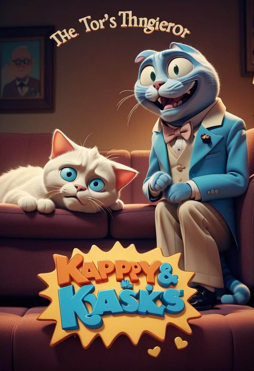 Rankin Bass Style Cartoon Cat vs Mischievous Flea in Cozy Li...