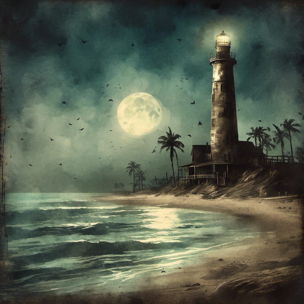 Lighthouse at Night in Gritty Watercolor Style