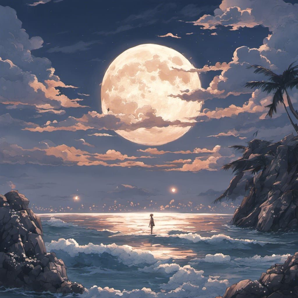 Anime Style Super Moon Over Ocean