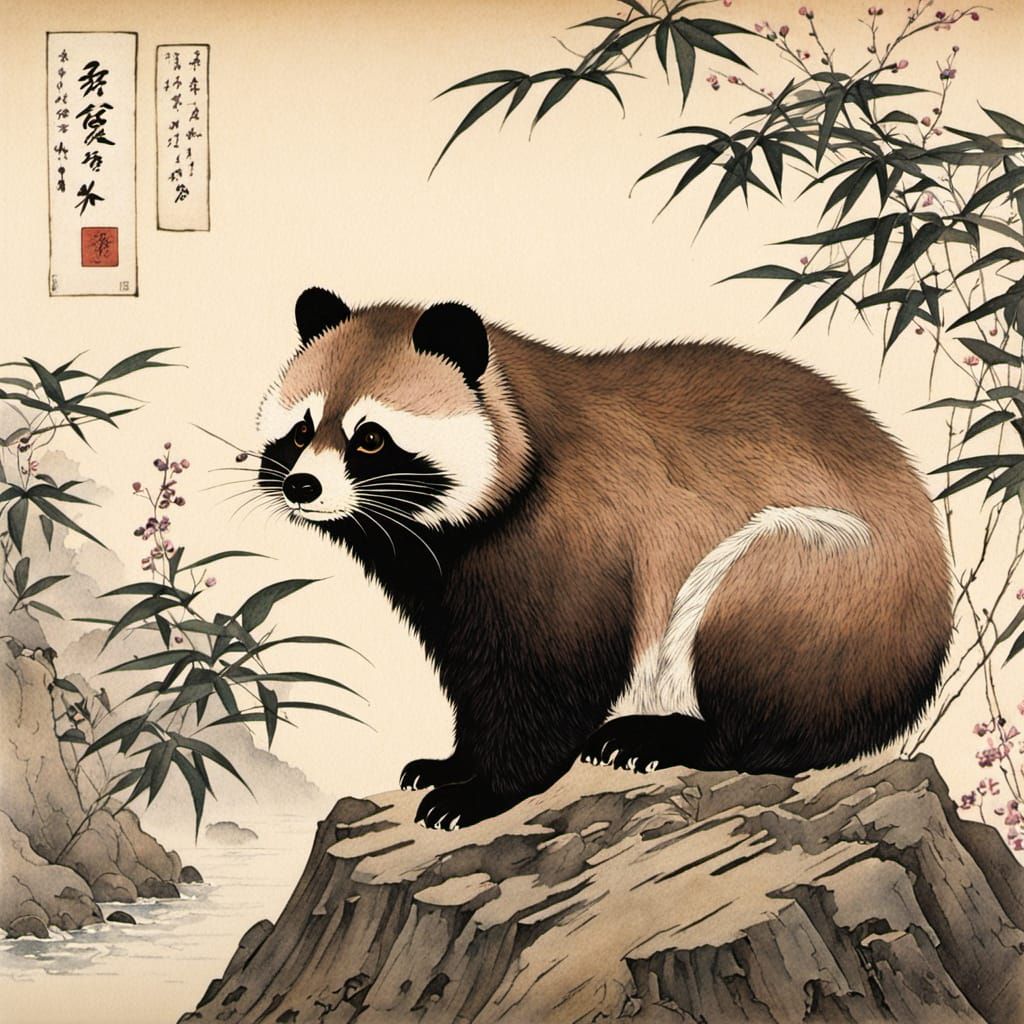 Traditional Japanese Tanuki in Serene Forest Landscape
