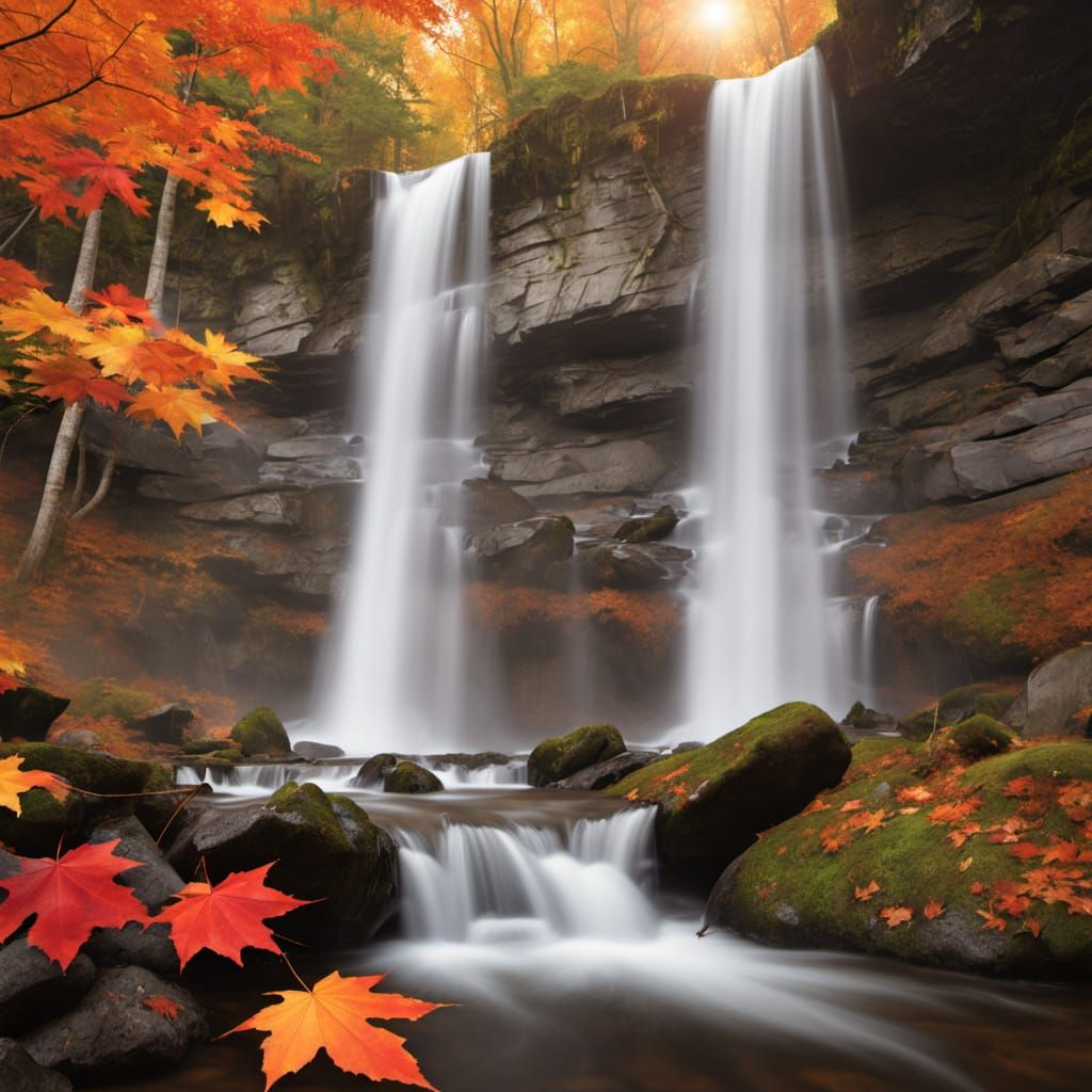 Spectacular Canadian Autumn Waterfall in Warm Sunlight