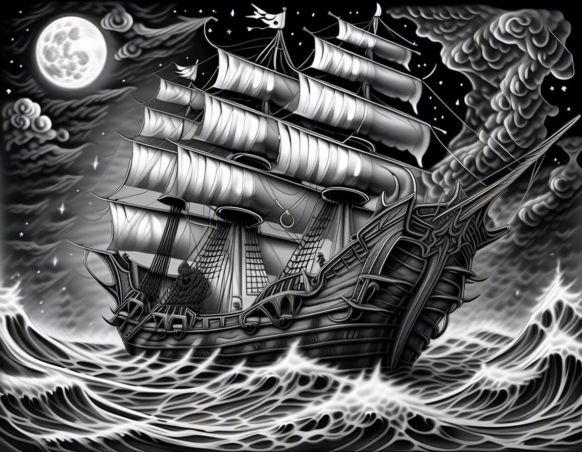 Mystical Pirate Ship on Stormy Seas: Ink Drawing