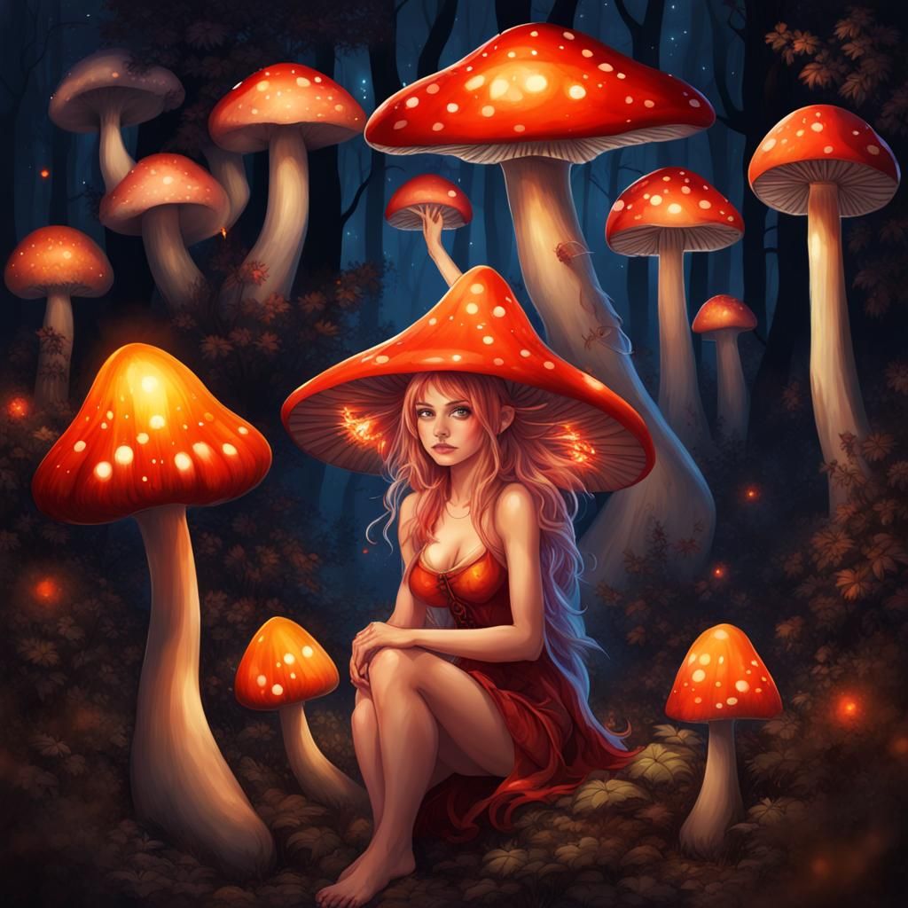 Enchanted Fire Fairy in Bioluminescent Mushroom Forest