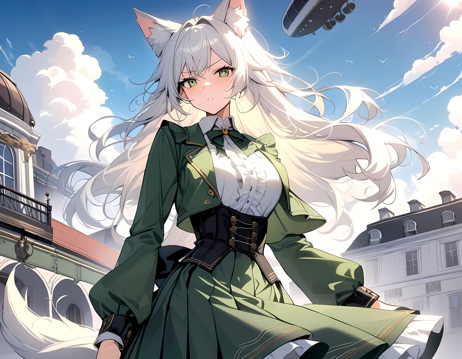 Steampunk Siren with Wolf Ears Stands Tall on Rooftop