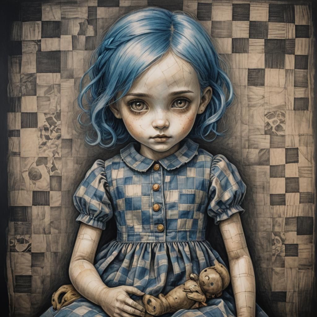 Little Girl with Doll: Detailed Charcoal Drawing