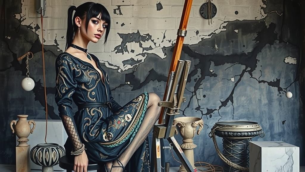 Impasto Oil Painting of Goth-Inspired Model in Gritty Studio