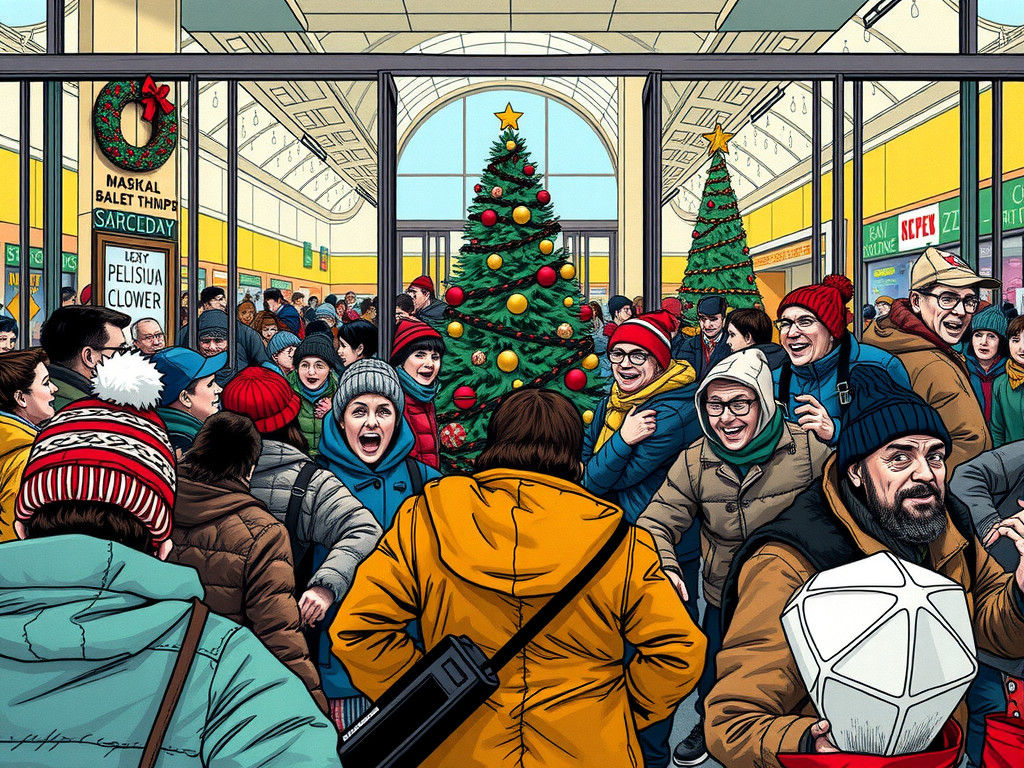 Black Friday Shoppers Rush into Store, Vibrant Illustration