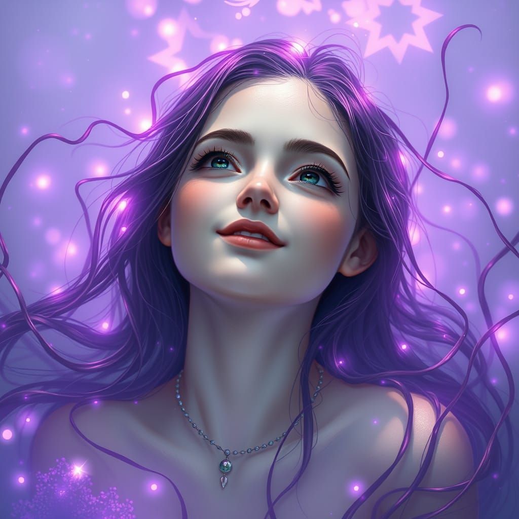 Serene Young Woman Surrounded by Ethereal Purple Lights