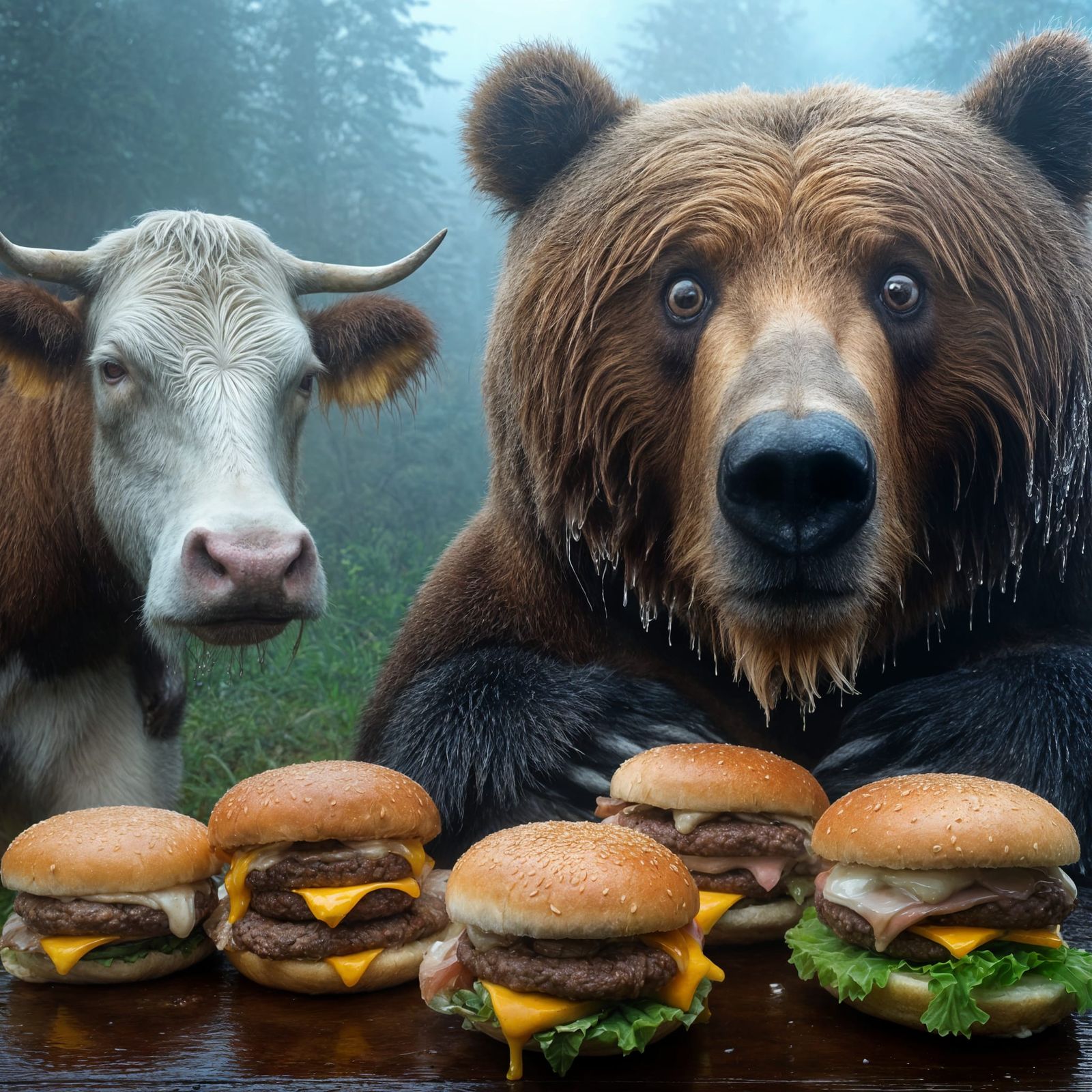 Fuzzy Grizzly Bear and Cow Share Hamburgers